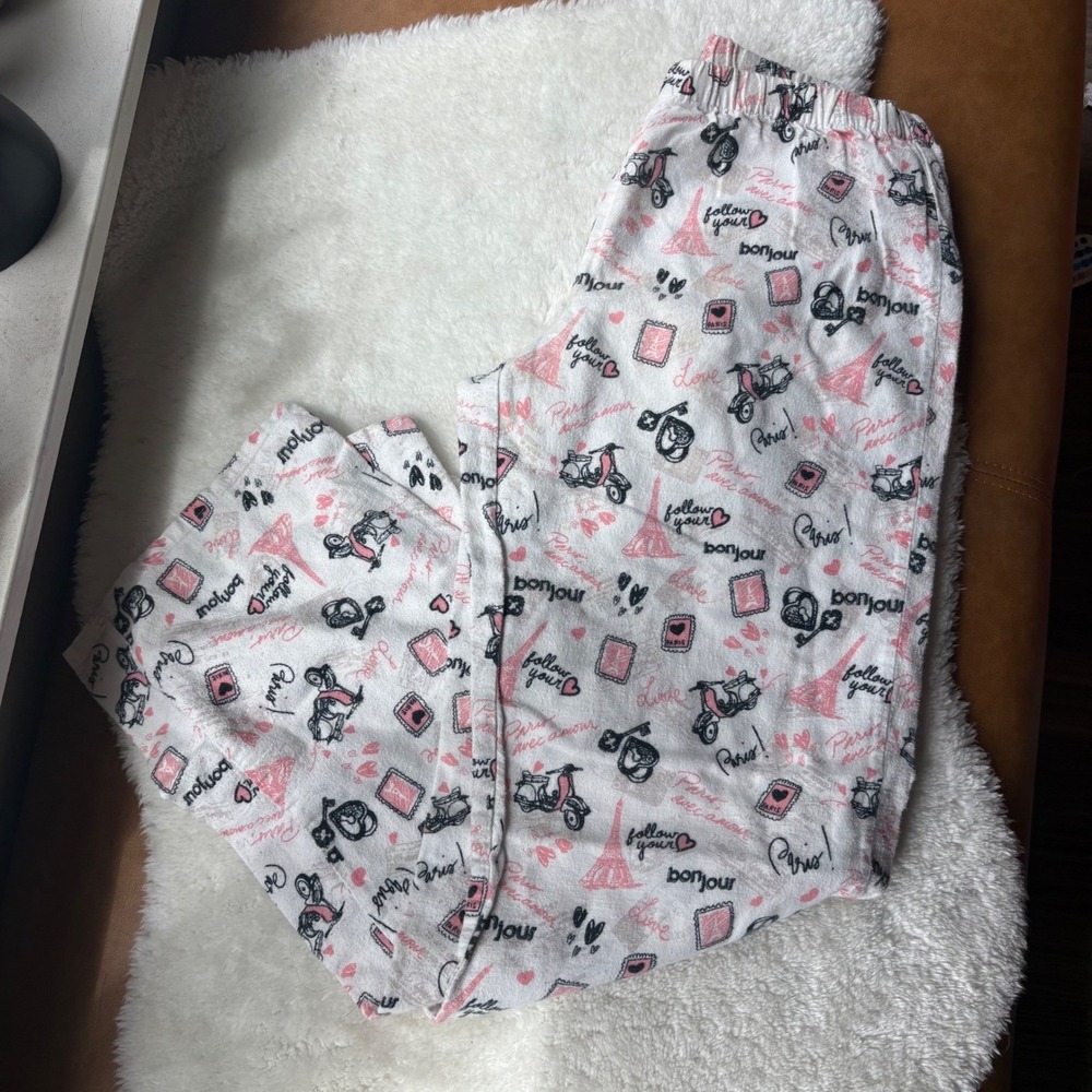Forever 21 Lingerie Paris Print Pajama Pants White Pink Small Petit Cotton‎